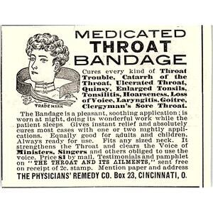 The Physicians Remedy Co Medicated Throat Bandage Cincinnati 1892 Ad AG2-S26